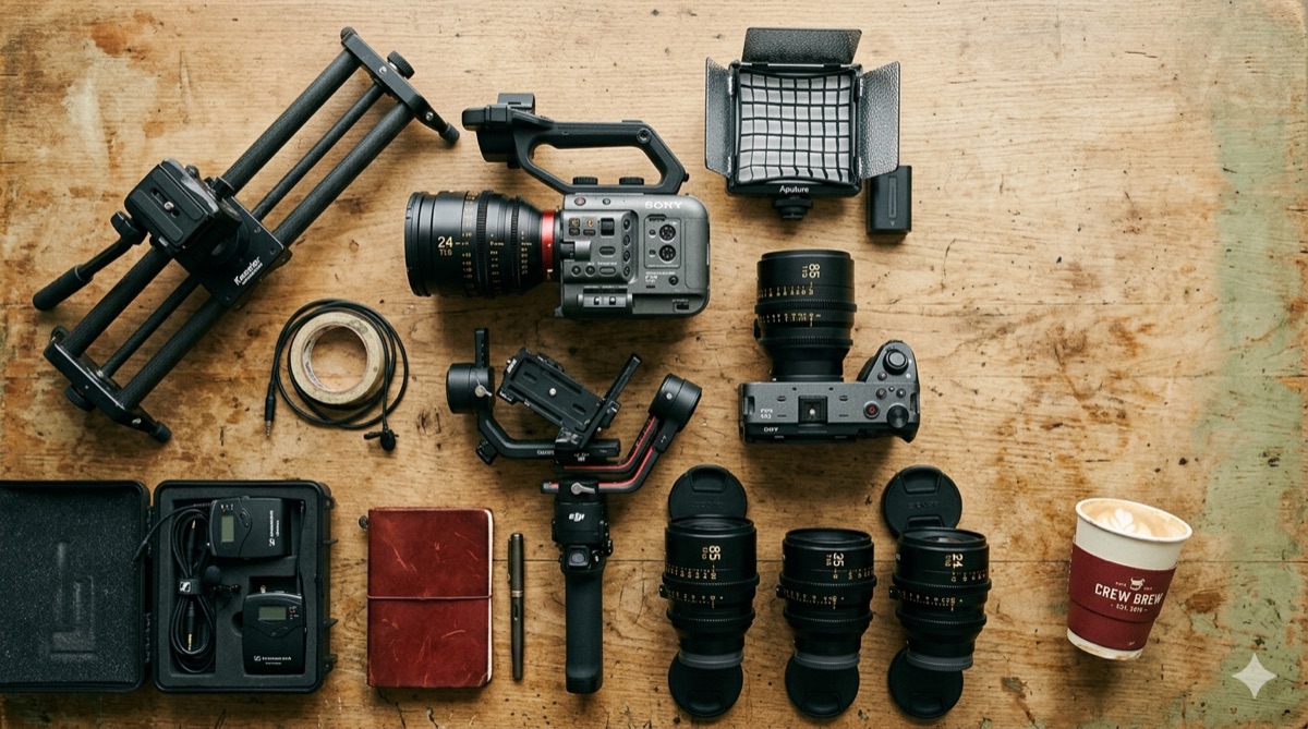 Top-down flat-lay of a content creator's production kit: two cinema cameras, gimbal, slider, lighting, and prime lenses.